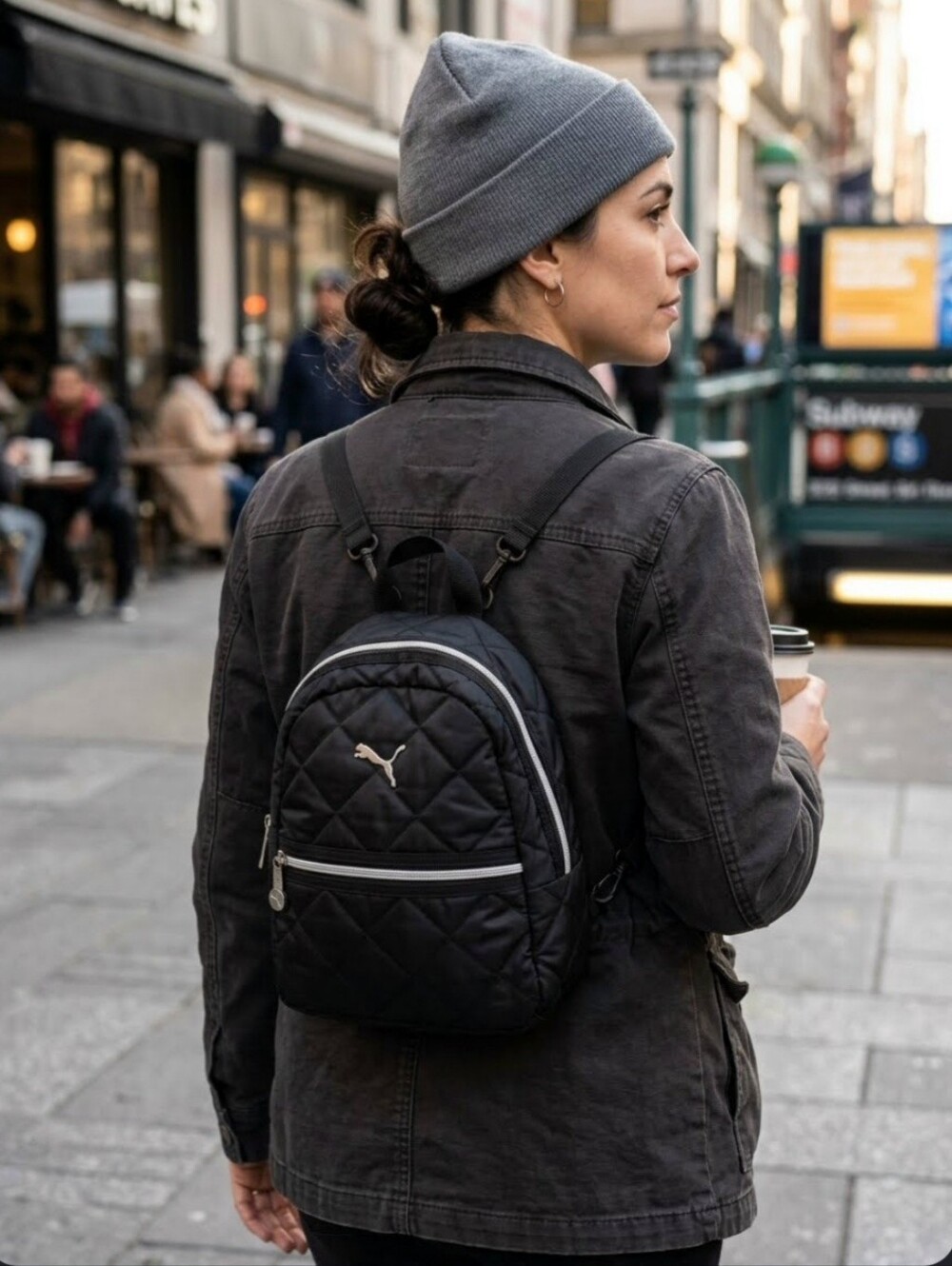 Puma Black Quilted Mini Backpack with Silver Zippers